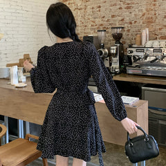 Polka Dot Print Puff Long Sleeve Dress
