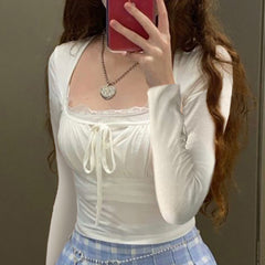 Lace Trim Stitching Square Neck Long Sleeve Tee