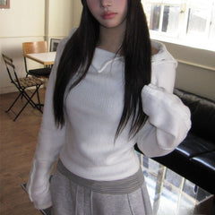 Irregular Slanted Button Suede Finish High Neck Hooded Long Sleeve Top