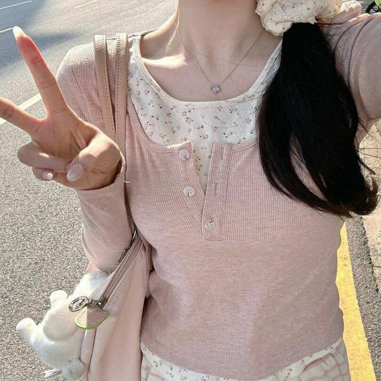 Floral patchwork faux two-piece long-sleeved T-shirt - fairypeony