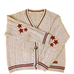 Oversize Star Embroidered Cable Knit Cardigan - fairypeony