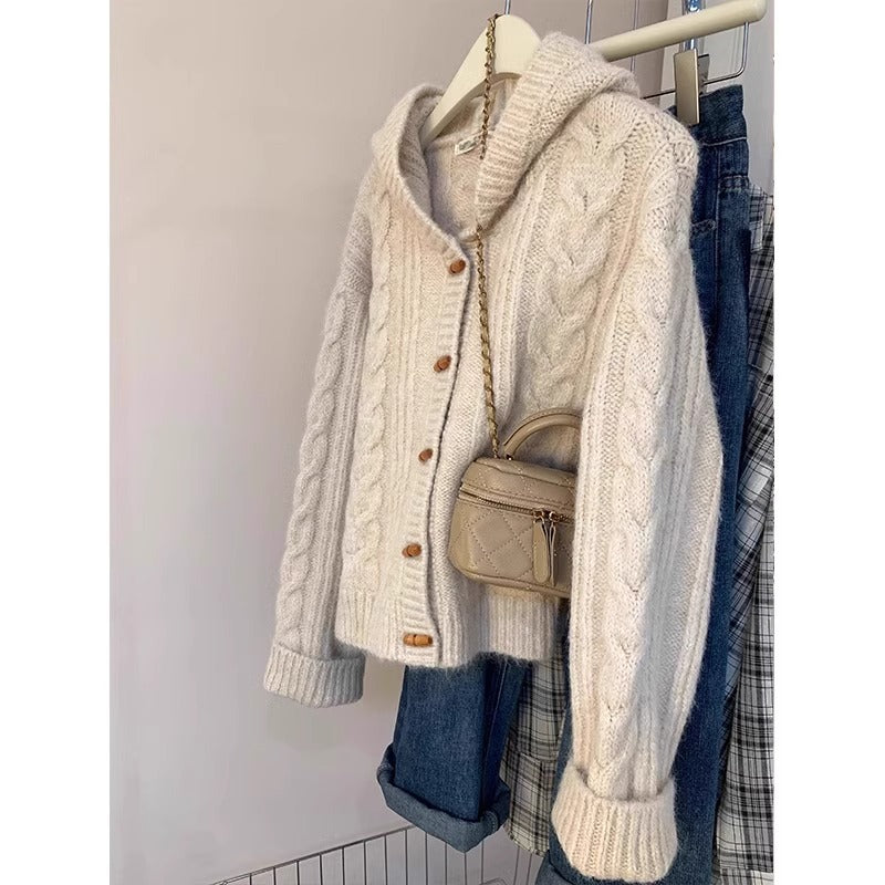 Horn Button Hooded Twist Knit Cardigan
