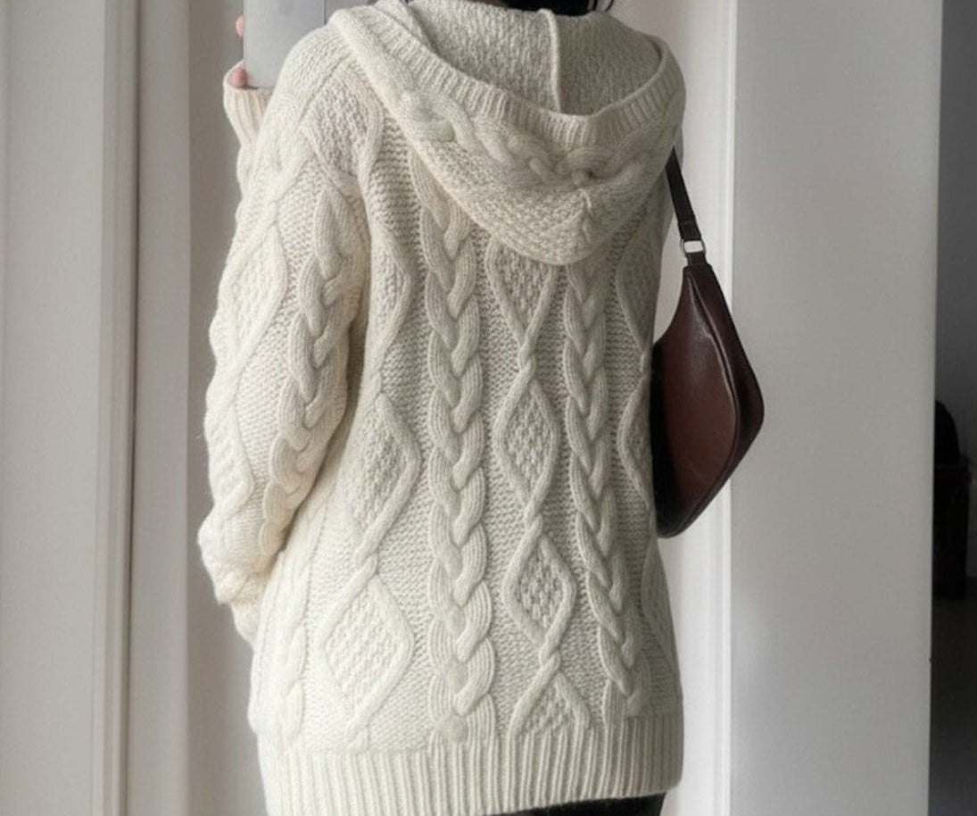 Twist-knit hooded cardigan in White, back view with hood