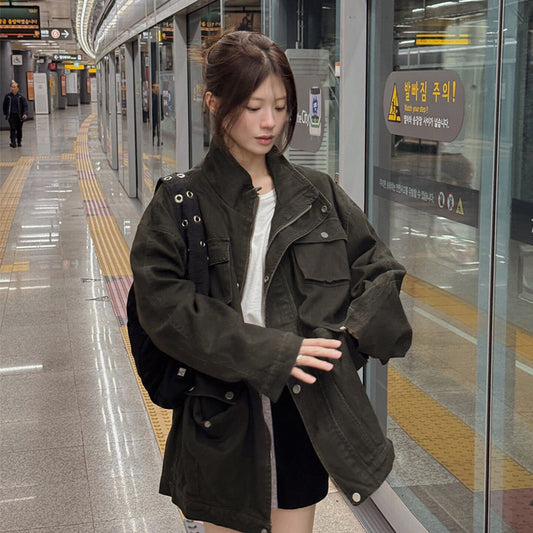 Women's Retro Distressed Multi-Pocket Workwear Trench Coat