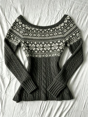 2000s Fair Isle Cable Knit Round-Neck Button Cardigan