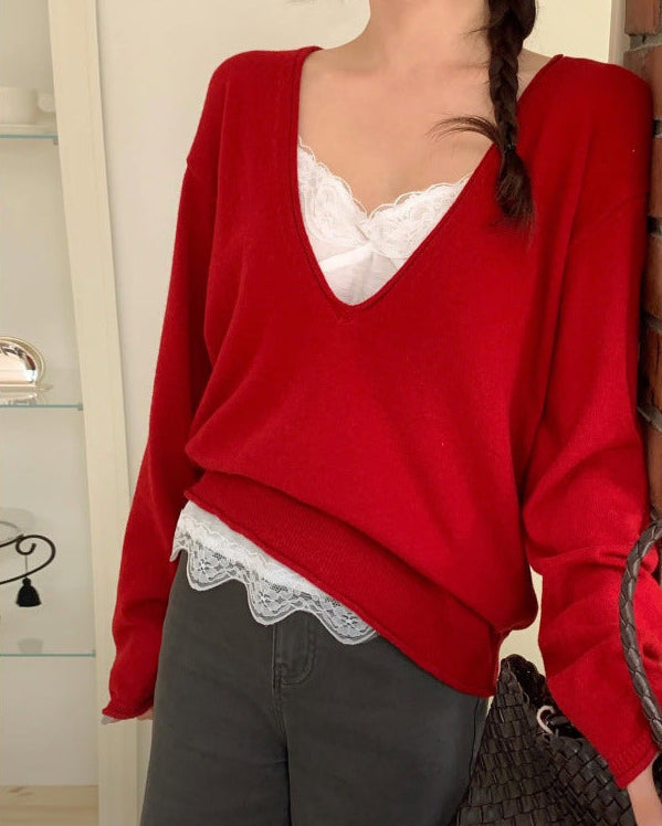 V-neck long sleeve loose knit sweater in Red