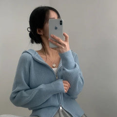 Double-headed Zipper Solid Color Hooded Cardigan