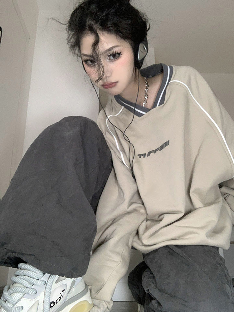 Print V Neck Patchwork Sweatshirt - fairypeony