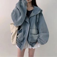Womens Loose Denim Hooded Coat