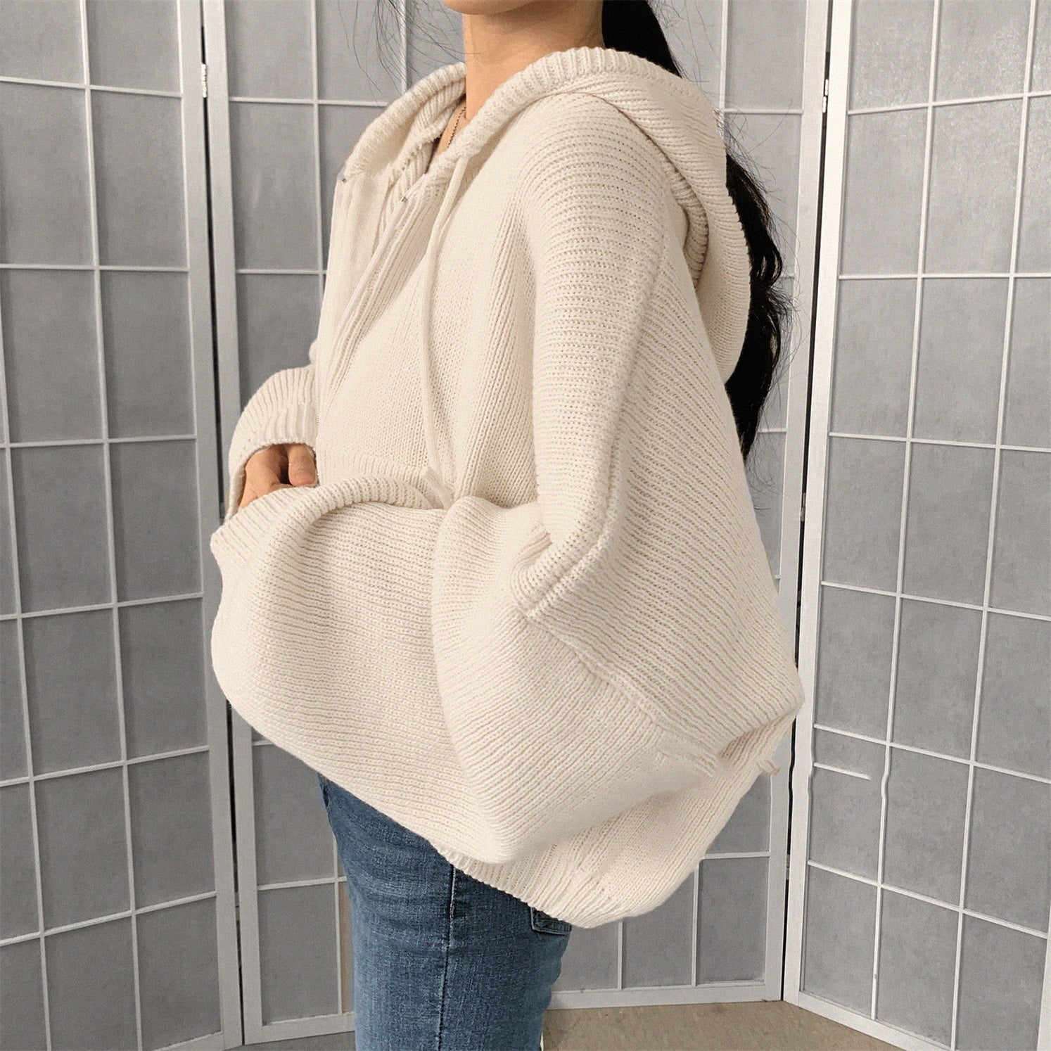 Solid Color Oversized Hooded Zip Up Cardigan