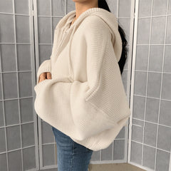 Solid Color Oversized Hooded Zip Up Cardigan