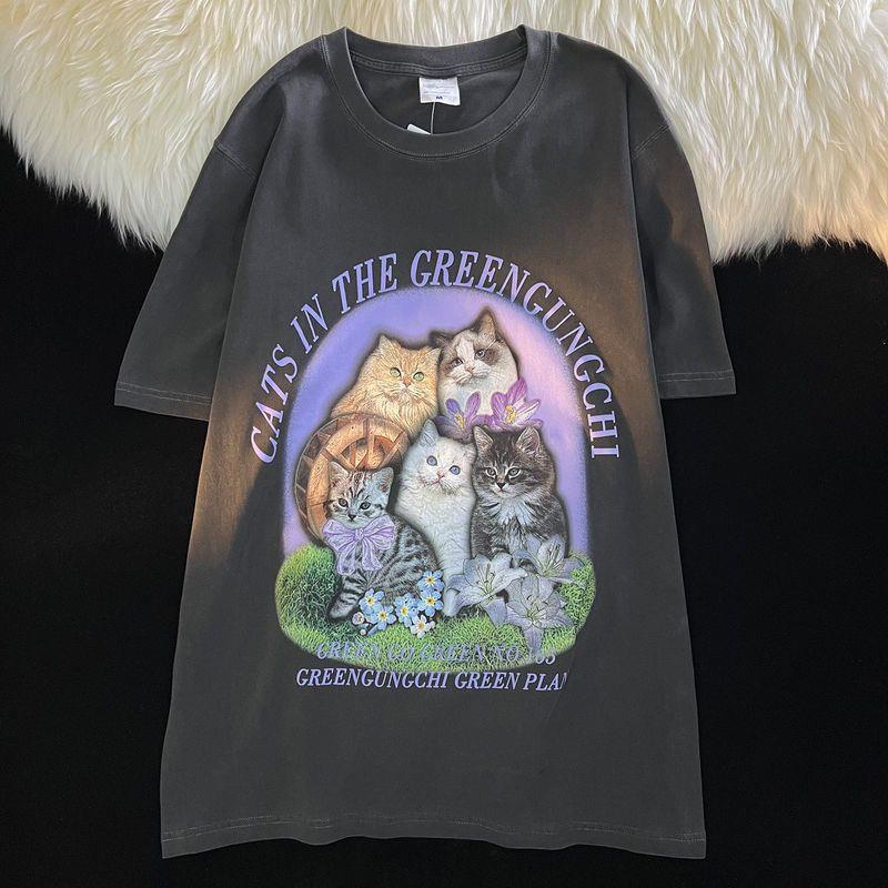 Vivid Cat Print Oversized Short Sleeve Tee - fairypeony