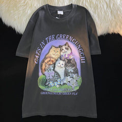 Vivid Cat Print Oversized Short Sleeve Tee - fairypeony