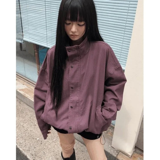Women's Loose Vintage Stand-Collar Drawstring Jacket