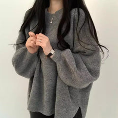 Round Neck Solid Color Oversized Sweater - fairypeony