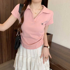 Embroidered Bow Polo Collar Short Sleeve Tee