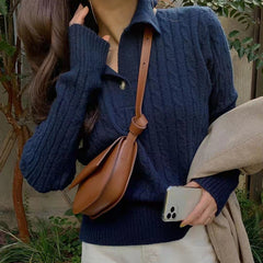Vintage Cable Knit Polo Collar Button Sweater
