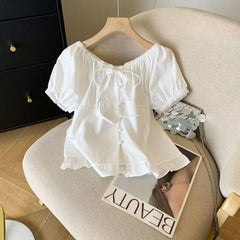 Aesthetic Lace Trim Tie-Up Puff Sleeve Blouse