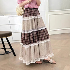 Plaid Lace Patchwork Midi A-Line Skirt – Mori Girl Elastic Waist Dress