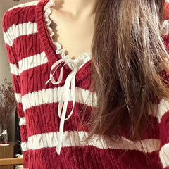 Loose V-neck Striped Cable knit Sweater - fairypeony