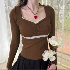 Aesthetic Lace Trim Square Collar Slim Tee