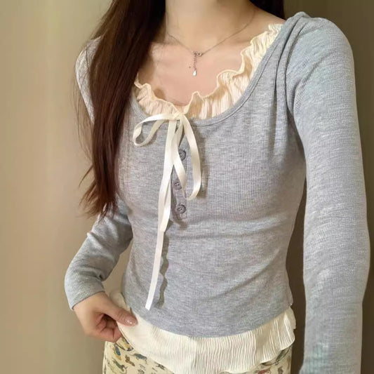 Aesthetic Lace Trim Tie Long Sleeve Slim Tee