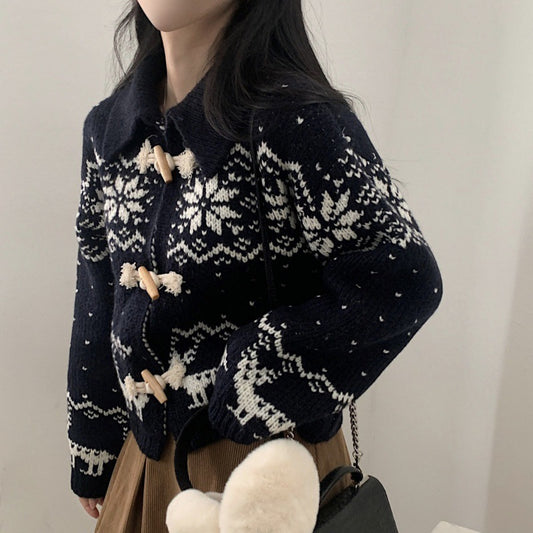 Aesthetic Snowflake Horn Button Knitted Cardigan - fairypeony