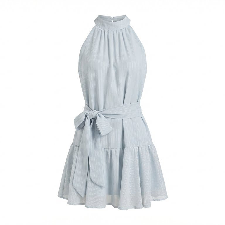 Light blue dress with a tie waist on a white background