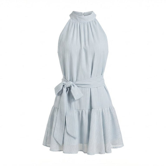 Light blue dress with a tie waist on a white background