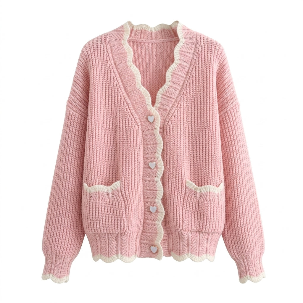Pink knitted cardigan with lace details on a white background