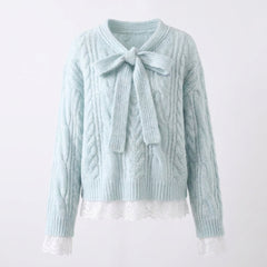 Aesthetic Lace Patchwork Front Tie Sweater