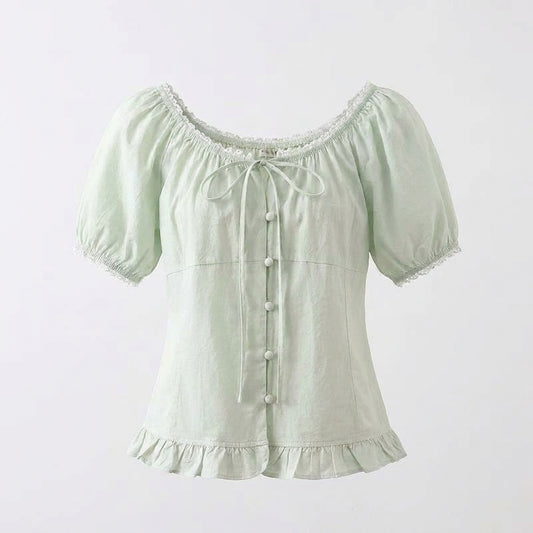 Aesthetic Lace Trim Tie-Up Puff Sleeve Blouse