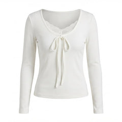 Aesthetic Lace Trim White Long Sleeve Tee - fairypeony