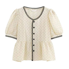 Polka Dot Lace Trim Blouse + Patchwork Ruffle Hem Skirt + Mary Jane Shoes + Pu Leather Crossbody Bag - fairypeony