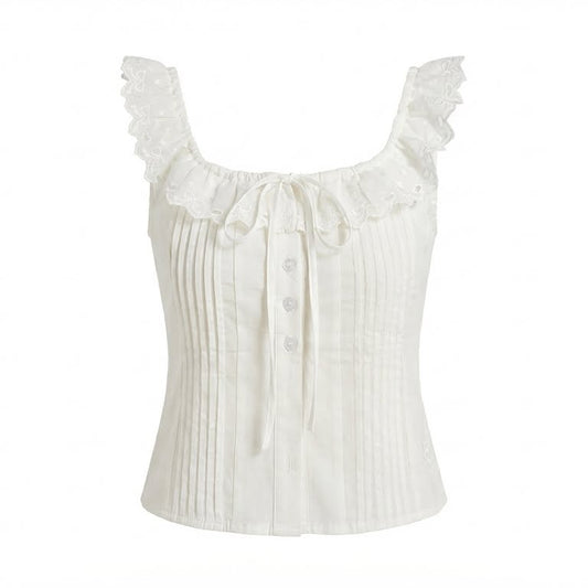 Lace Collar Blouse + Patchwork Ruffle Hem Skirt + Aesthetic Thick Heel Shoes + Aesthetic Print Tote Bag - fairypeony