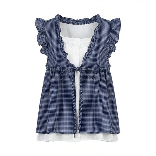 Fake Two Piece Blouse + High Waist Baggy Pants + Single Strap Mid Heel Sandals + Corduroy Tote Bag - fairypeony