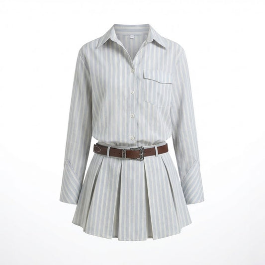 Striped shirt dress with a belt on a white background