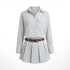 Striped shirt dress with a belt on a white background
