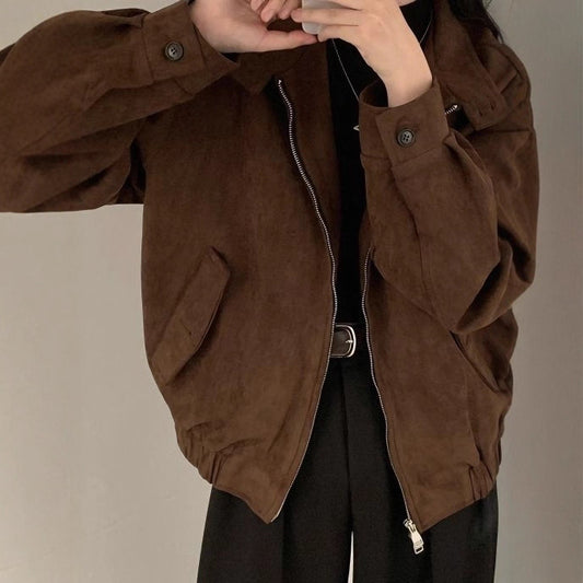 American Retro Suede Jacket – Lined Deerskin Bomber Coat in Brown S–XL