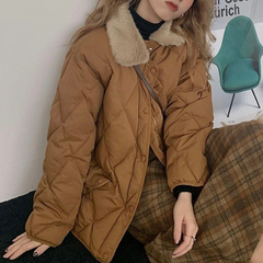 Argyle Quilted Plush Collar Splice Jacket - fairypeony