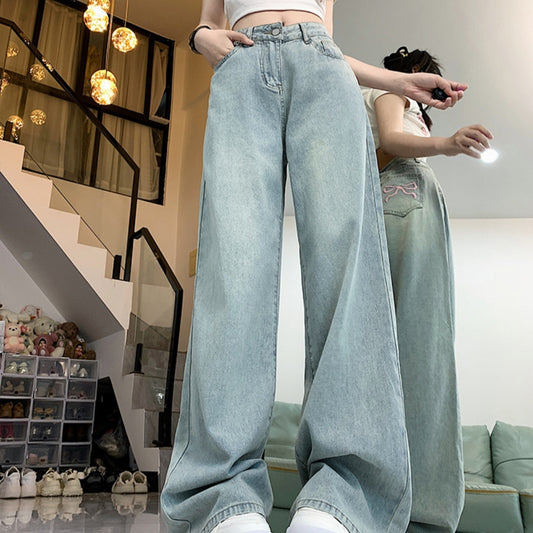 Back Bow Embroidered Wide Leg Jeans