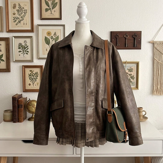 A brown leather jacket displayed on a white mannequin torso, styled with a white top, a plaid skirt, and a green shoulder bag with brown leather straps. The background shows a white wall decorated with framed botanical prints, vintage books, and a macrame wall hanging.