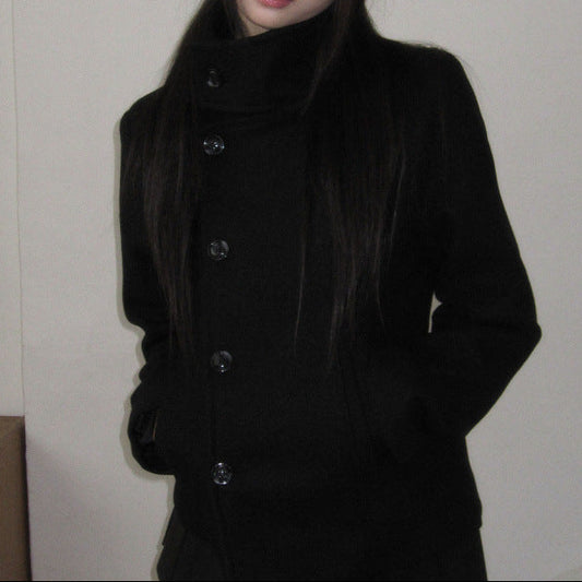 Black Woolen Coat – Slim Fit Faux Fur Collar Asymmetric Feifei Sleeve Coat