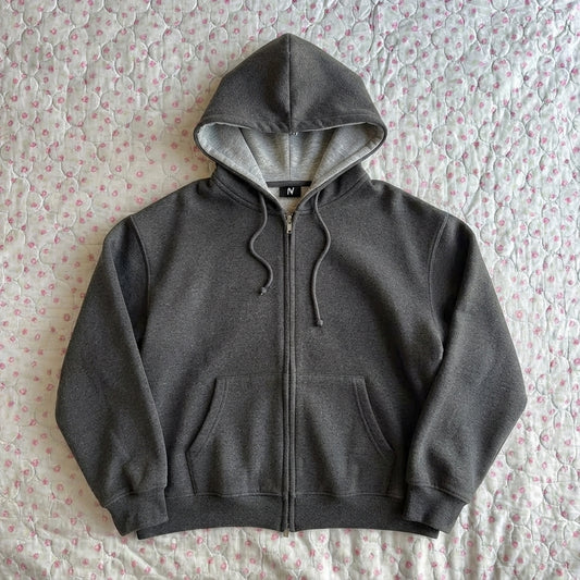 Boxy Heavyweight Hooded Cardigan Jacket – Retro Eye Embroidery Zip-Up Coat