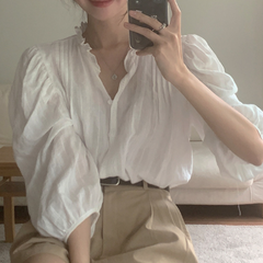 Button Front Pleated Long Sleeve Blouse