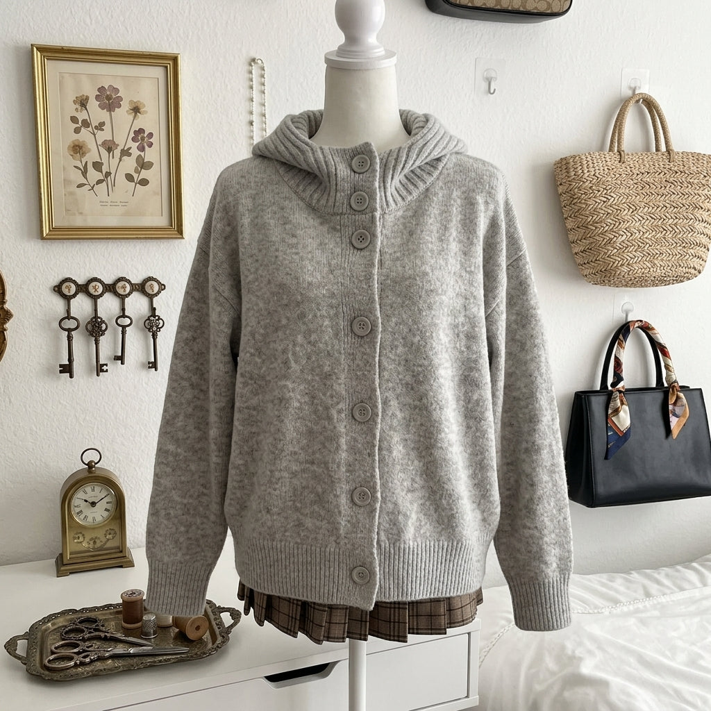 Buttoned Hooded Cardigan Sweater