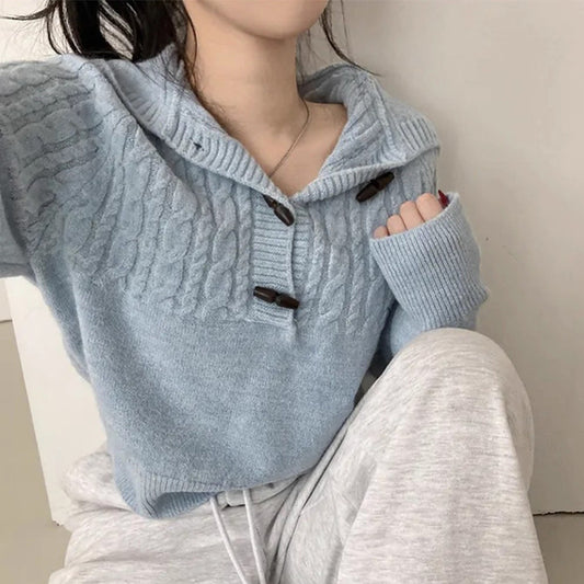 Cable Knit Horn Button Hooded Sweater