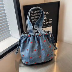 Cherry Embroidery Denim Shoulder Bag - fairypeony