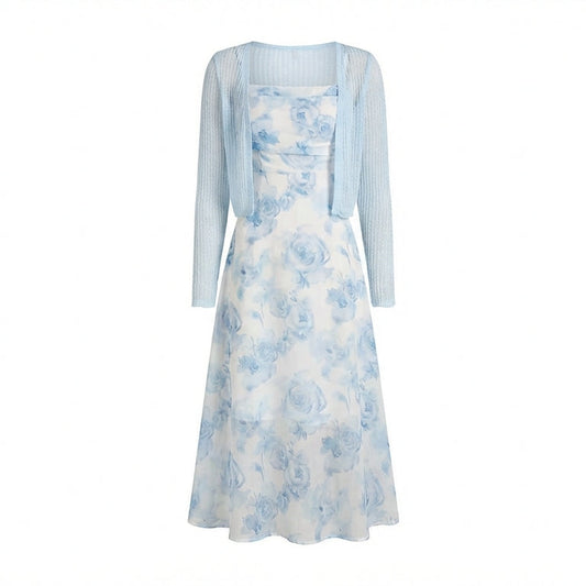Floral dress with a matching cardigan on a white background