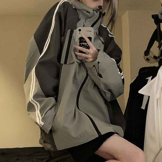 Color Block Zip Up Hooded Jacket - fairypeony